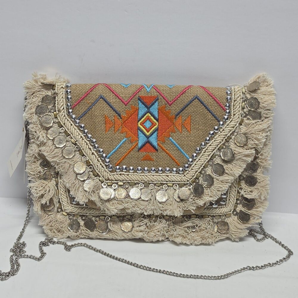 NWT Antik Kraft Bohemian Embroidered Fringed Jute Clutch Bag w Chain Faux Coins